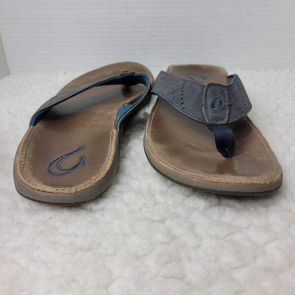 OluKai Nui Sandal Mens Flip Flop Size 12 Tan Gray Leather Sandals - Picture 7 of 11